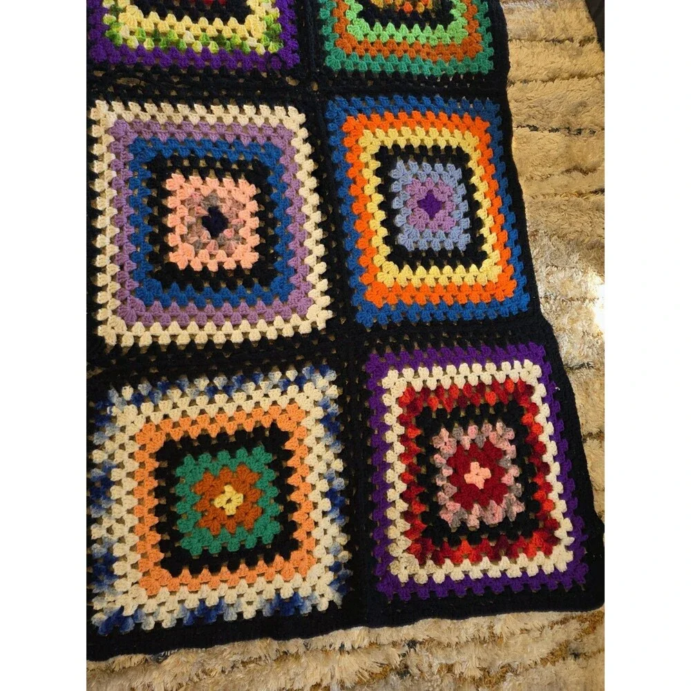 Vtg Crocheted Granny Square Afghan Lap Blanket Throw Multicolored 55x77